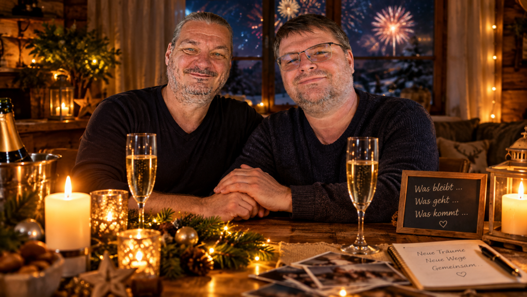 Lutz und Karsten sitzen am weihnachtlich geschmückten Tisch - draußen ist Feuerwerk