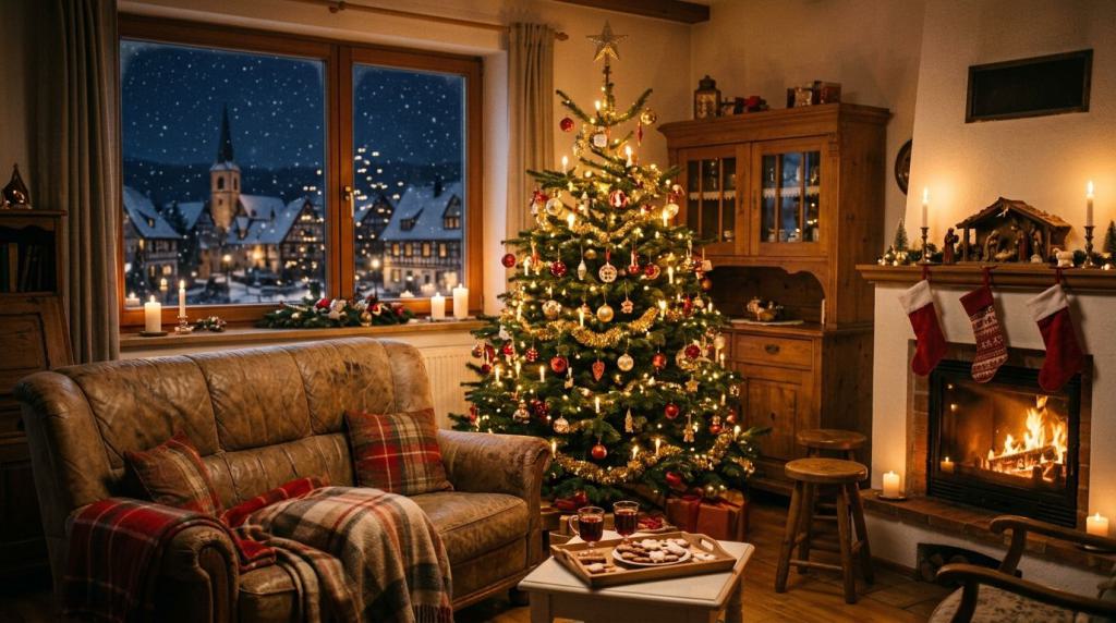 weihnachtlich geschmücktes, gemütliches Wohnzimmer
