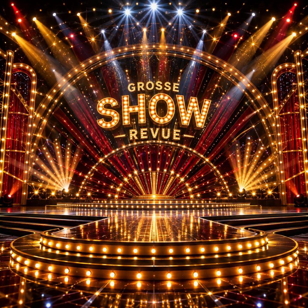 Bild von einer Bühn mit vielen Lichteffekten und dem Schriftzug Show