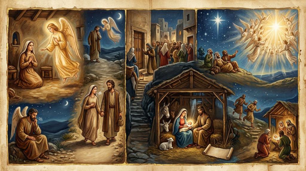 gezeichnete Darstellung der Weihnachtsgeschichte