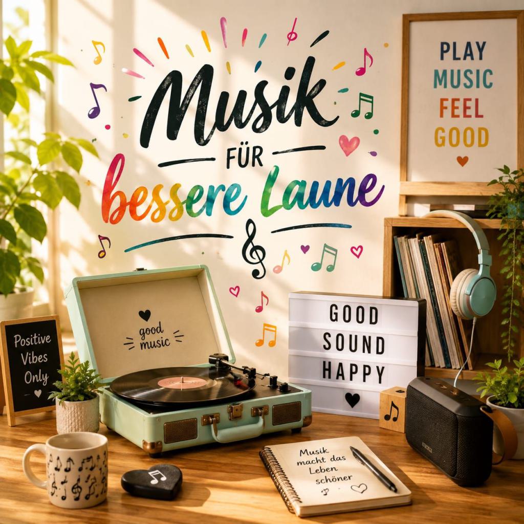 Raum mit Musikgeräten, Bunte Schrift - play music feel good