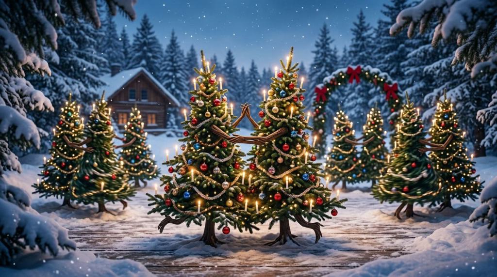 tanzende Weihnachtsbäume im Wald