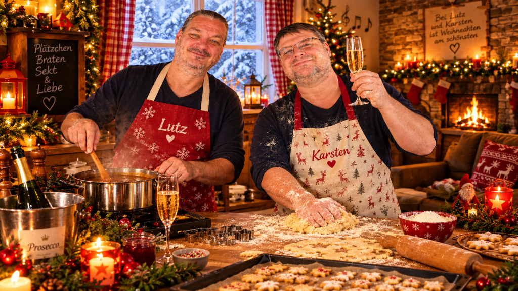 KI Bild - Lutz und Karsten in einer weihnachtlichen Küche - kochen und backen
