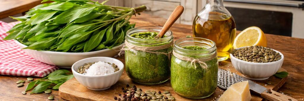 Herstellung Pesto vom Bärlauch und Kürbiskernen