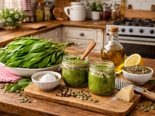 Herstellung Pesto vom Bärlauch und Kürbiskernen